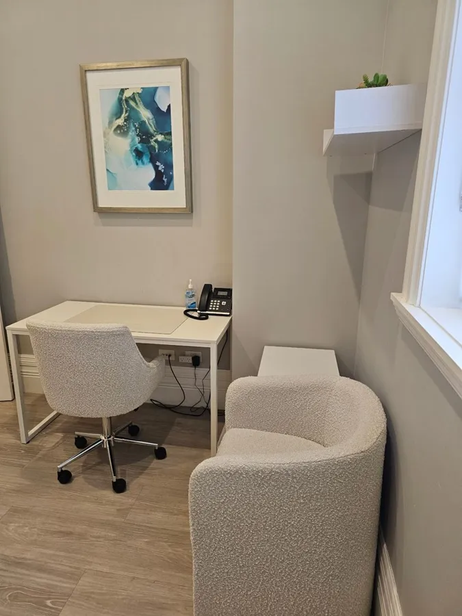 Desk-based consulting room with client armchair